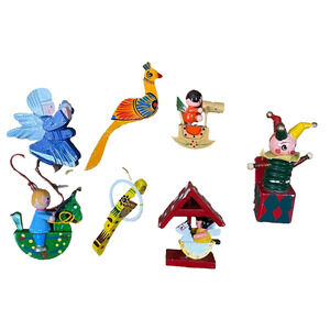 Lot of 7 Vintage Wooden Christmas Tree Hanging Ornaments Mixed Holiday Decor